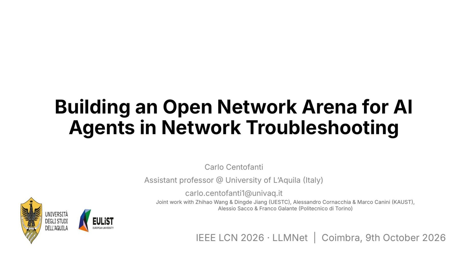 Title slide of the invited talk: Building an Open Network Arena for AI Agents in Network Troubleshooting